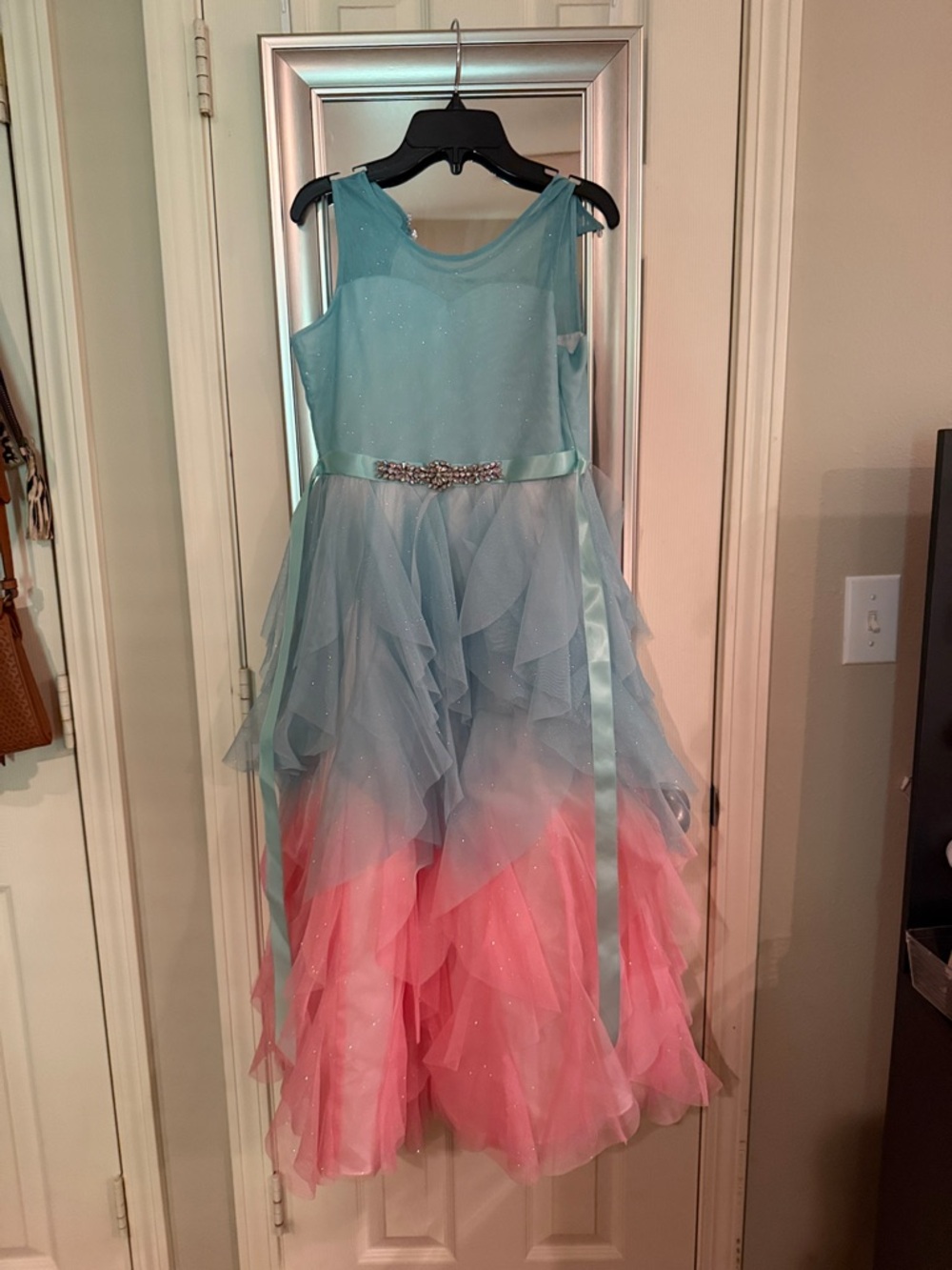 Rare Editions Blue and Pink Ombre Sparkle Formal Dress